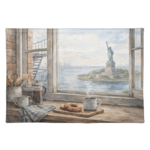 New York Kitchen Watercolor with Statue of Liberty Cloth Placemat
