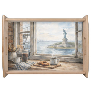 New York Kitchen Watercolor with Statue of Liberty Serving Tray