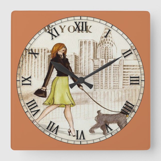 New York Lady Walking Dog Roman Numeral Square Wall Clock (Front)