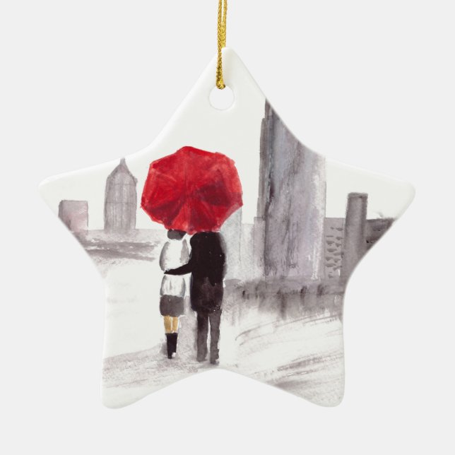 New York love couple with red umbrella Ceramic Ornament (Front)