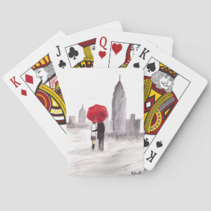 New York love couple with red umbrella Poker Cards