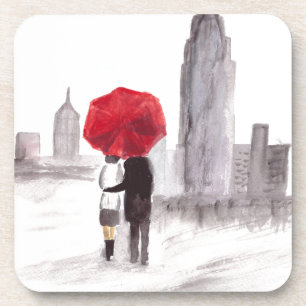 New York love couple with red umbrella watercolor  Drink Coaster