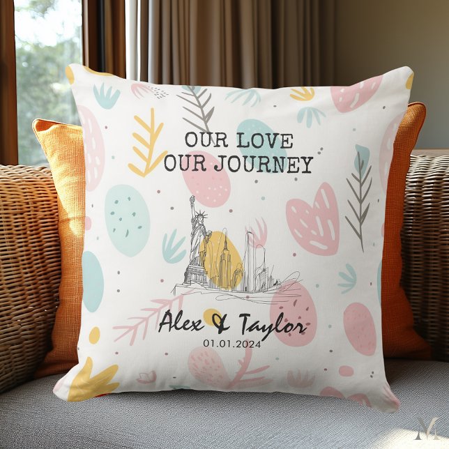 New York Love Story – Modern Romantic Skyline Art Outdoor Pillow (Creator Uploaded)