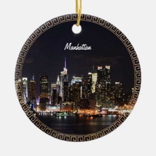 New York Manhattan Skyline at Night Ceramic Ornament