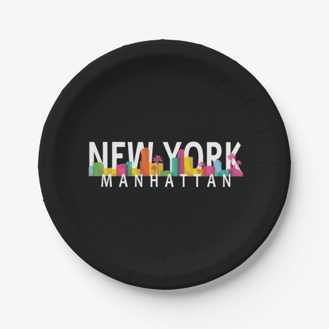 New York Manhattan skyline with palms Paper Plates (Front)