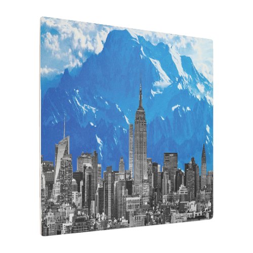 New York Manhattan Skyscrapers with Blue Mountain Metal Print
