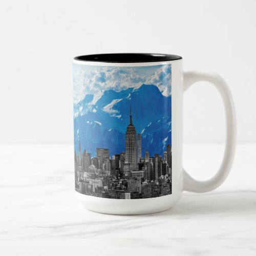 New York Manhattan Skyscrapers with Blue Mountain Two_Tone Coffee Mug