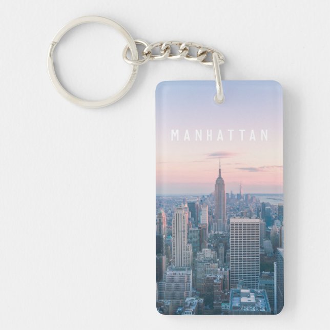 New York Manhattan Text Pink Blue Skyline Sunset Keychain (Front)