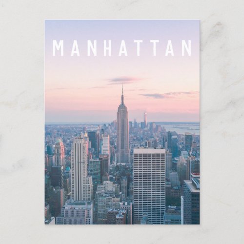 New York Manhattan Text Pink Blue Skyline Sunset  Postcard