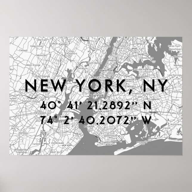 New York Map Black White & Gray Personalized Poster (Front)