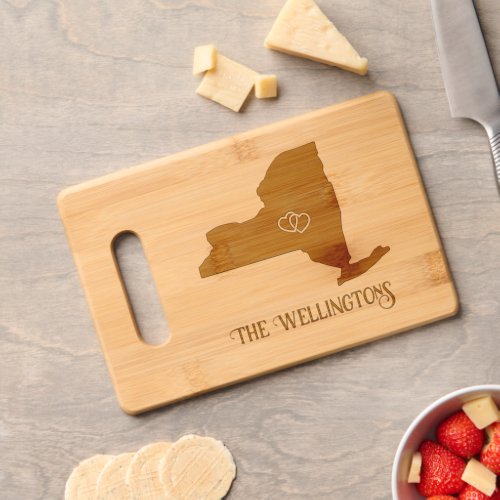 New York Map Choice of Hearts Stars Family Name Cutting Board