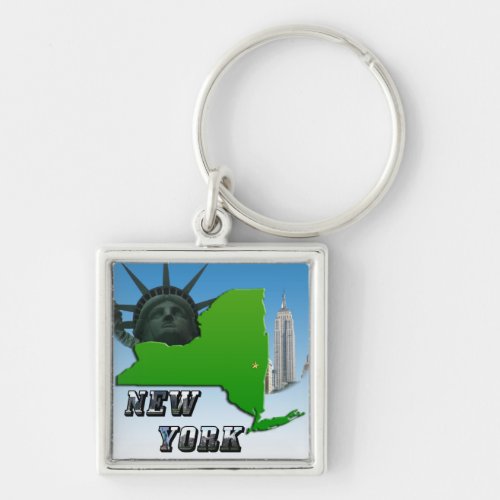 New York Map Statue of Liberty Monument Keychain