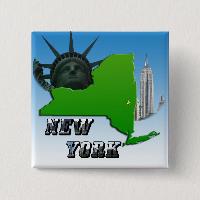 New York Map, Statue of Liberty, Monument Pinback Button (Front)