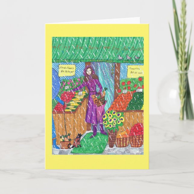 New York Market Greeting Card with Woman and Cat (Front)