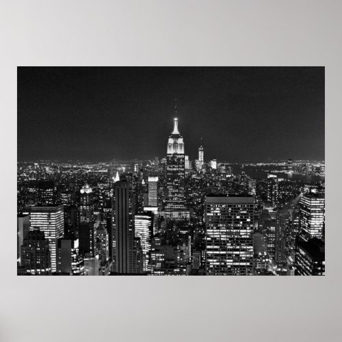 New York night skyline in black and white Poster