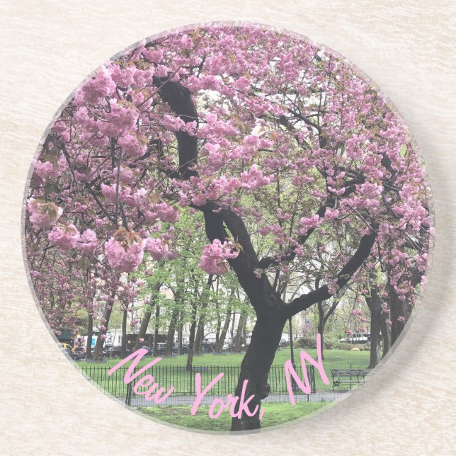 New York, NY Pink Cherry Blossom Tree Manhattan Sandstone Coaster (Front)