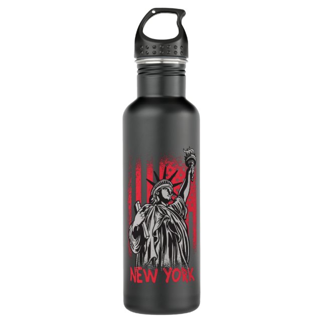 New York NY Statue of Liberty USA America Flag Stainless Steel Water Bottle (Front)