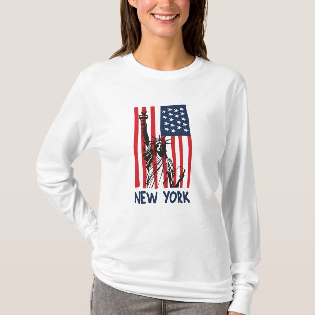 New York NY Statue of Liberty USA America Flag T-Shirt (Front)
