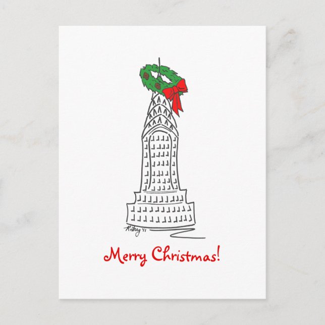 New York NYC Merry Christmas Skyscraper Wreath Holiday Postcard (Front)
