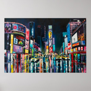 "New York" oil painting, a night view of New York, Poster