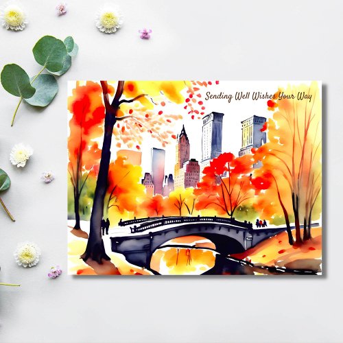 New York park fall watercolor well wishes Postcard