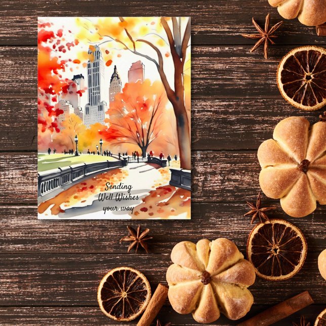 New York park fall watercolor well wishes Postcard (New York Central park in fall watercolor well wishes postcard warm autumn colors pathway with trees)