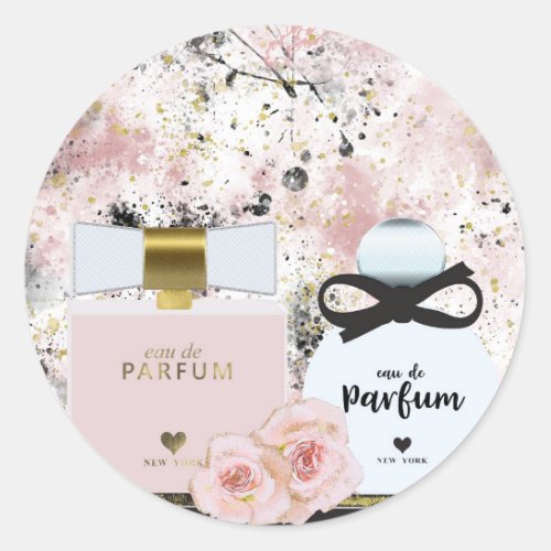 New York Perfume Bottles Gold  Blush Pink Roses Classic Round Sticker