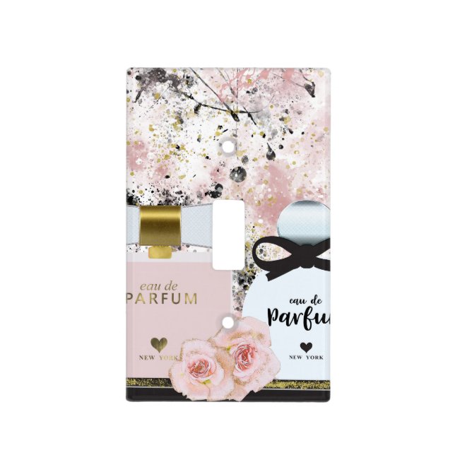 New York Perfume Bottles Gold & Blush Pink Roses Light Switch Cover (Front)