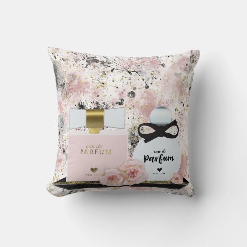 New York Perfume Bottles Gold  Blush Pink Roses Throw Pillow