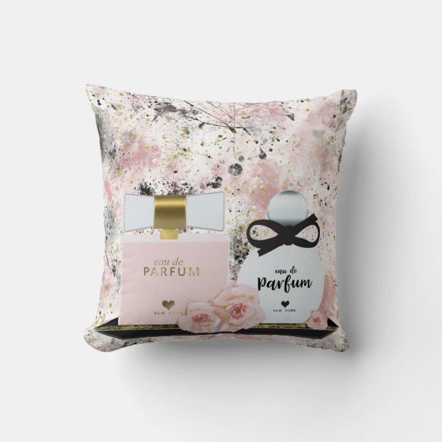 New York Perfume Bottles Gold & Blush Pink Roses Throw Pillow (Front)