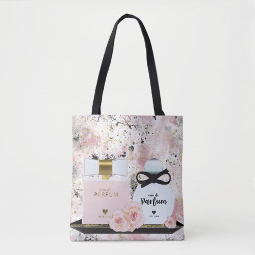 New York Perfume Bottles Gold  Blush Pink Roses Tote Bag