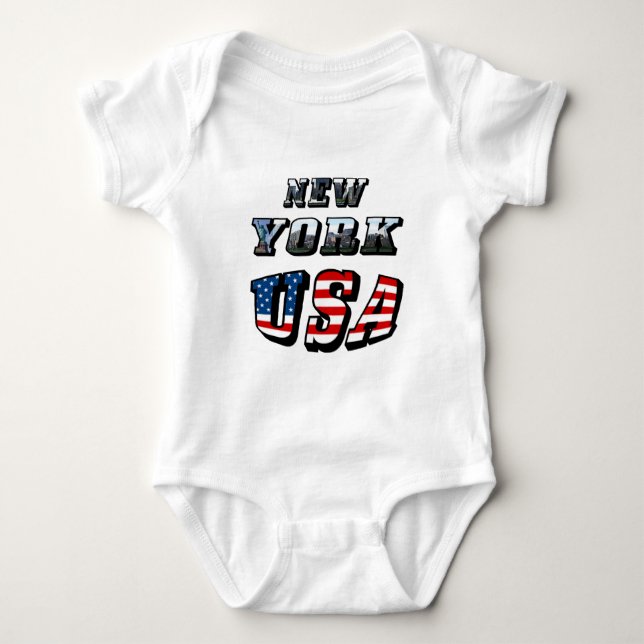 New York Picture and USA Flag Text Baby Bodysuit (Front)