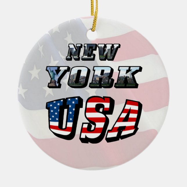 New York Picture and USA Flag Text Ceramic Ornament (Front)