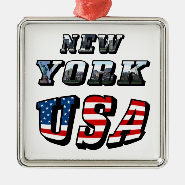 New York Picture and USA Flag Text Metal Ornament (Front)