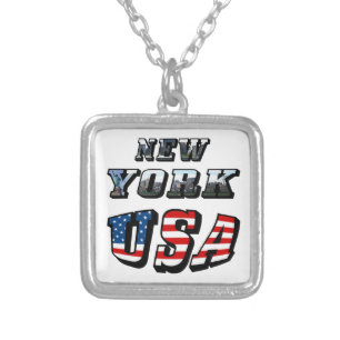 New York Picture and USA Flag Text Square Silver Plated Necklace
