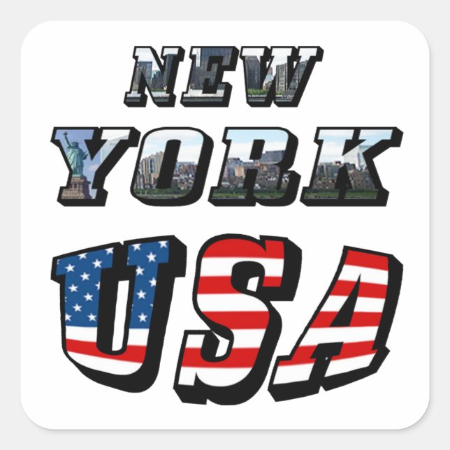 New York Picture and USA Flag Text Square Sticker (Front)