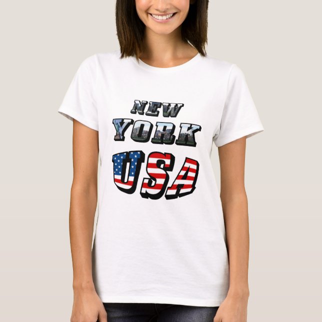 New York Picture and USA Flag Text T-Shirt (Front)