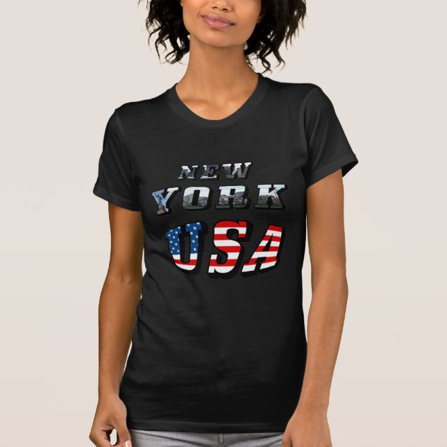 New York Picture and USA Flag Text T-Shirt (Front)