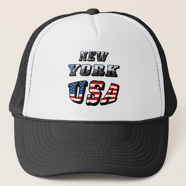 New York Picture and USA Flag Text Trucker Hat (Front)