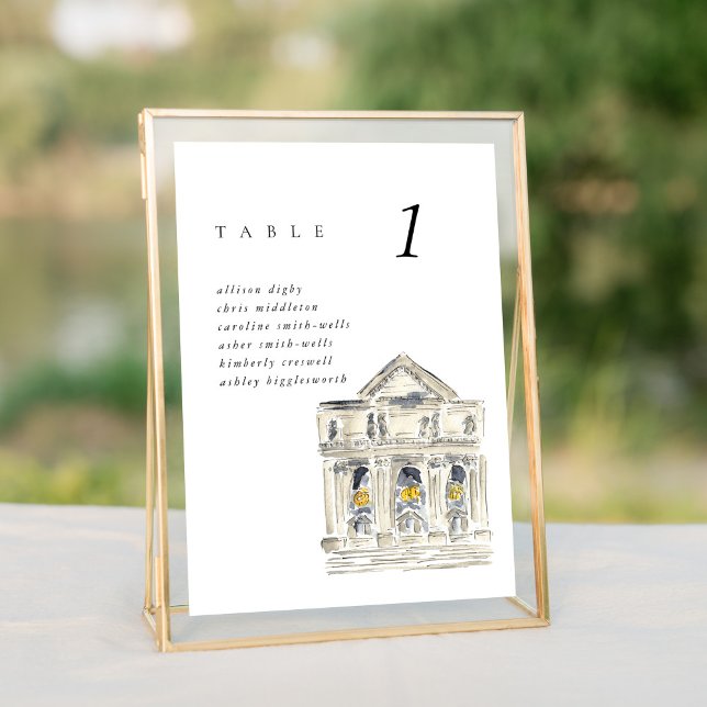 New York Public Library Wedding Seating Chart (Watercolor New York City Public Library wedding table number seating chart sign.)