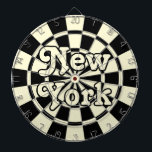 NEW YORK Retro Modern Black and Light Cream Dart Board<br><div class="desc">NEW YORK Retro Modern Black And Light Cream editable text Dart Board Game Including 6 Brass Darts 🎯Personalize with your text or name by selecting the personalization option. Please let me know if you have additional questions and because Zazzle's customer support handles the customer experience you may reach Zazzle customer...</div>