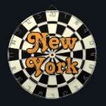 NEW YORK Retro Modern Orange text Black and Cream Dart Board<br><div class="desc">NEW YORK Retro Modern Orange editable text on Black And Light Cream Dart Board Game Including 6 Brass Darts 🎯Personalize with your text or name by selecting the personalization option. Please let me know if you have additional questions and because Zazzle's customer support handles the customer experience you may reach...</div>