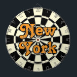 NEW YORK Retro Modern Orange text Black and Cream Dart Board<br><div class="desc">NEW YORK Retro Modern Orange editable text on Black And Light Cream Dart Board Game Including 6 Brass Darts 🎯Personalize with your text or name by selecting the personalization option. Please let me know if you have additional questions and because Zazzle's customer support handles the customer experience you may reach...</div>