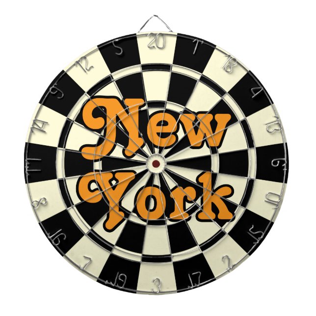 NEW YORK Retro Modern Orange text Black and Cream Dart Board (Front)