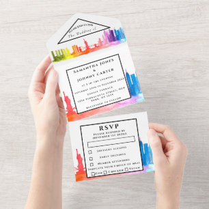 New York RSVP Rainbow Modern Wedding All In One Invitation