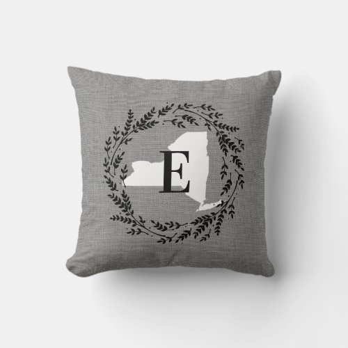 New York Rustic Wreath Monogram Throw Pillow