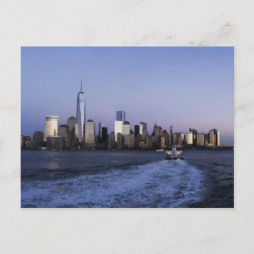 New York Skyline at dusk with ferry boat Postcard
