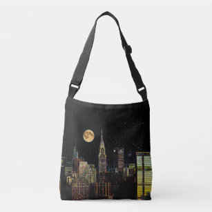 New York Skyline At Night With Full Moon Crossbody Bag