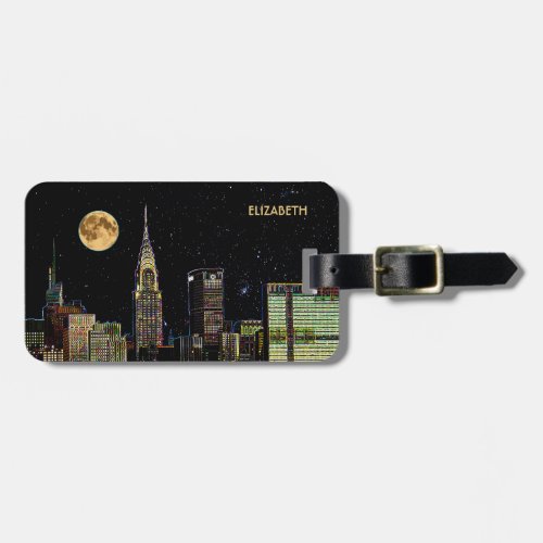 New York Skyline At Night With Full Moon Luggage Tag