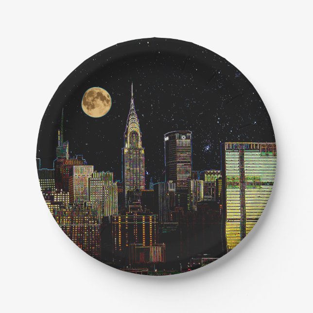 New York Skyline At Night With Full Moon Paper Plates (Front)